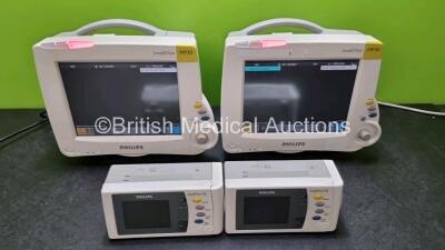 2 x Philips IntelliVue MP30 Patient Monitors (Both Power Up) with 2 x Philips Intellivue X2 Handheld Patient Monitors Including ECG, SpO2, NBP, Press and Temp Options and 2 x Philips M40607A Batteries (Both Power Up, 1 x with Slight Damage to Casing - See