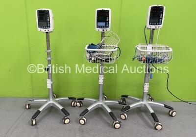 3 x Mindray VS-800 Vital Signs Monitors on Stands with Selection of Cables (All Power Up - 2 x Damaged Light Cases - See Pictures) *S/N BY36145773 / BY 78101440 / BY79101645*