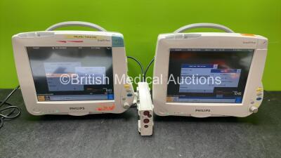 2 x Philips IntelliVue MP50 Anesthesia Patient Monitors with 1 x Philips M3012A Module Including Press and Temp Options (Both Power Up 1 with Missing Tag and,Cracked Casing to Module-See Photos)