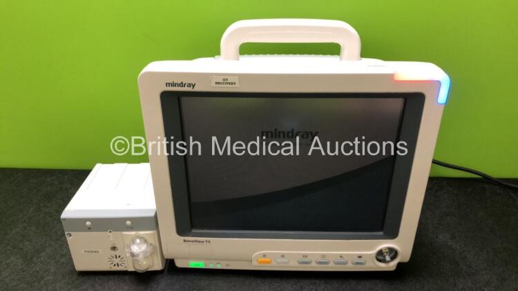 Mindray BeneView T5 Patient Monitor (Powers Up with Missing Dial and Crack in Casing - See Photos) Including Mindray AG Gas Module with Water Trap (Damage to Casing - See Photos)