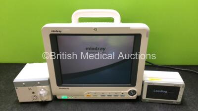 Mindray BeneView T5 Patient Monitor with Printer Option (Powers Up with Missing Dial - See Photos) Including Mindray AG Gas Module with Water Trap and Mindray Beneview T1 Handheld Patient Module Including, ECG, SpO2, MP1, IBP, NIBP, T1 and T2 Options (Pow