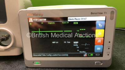 Mindray BeneView T5 Patient Monitor with Printer Option (Powers Up with Missing Dial - See Photos) Including Mindray AG Gas Module with Water Trap and Mindray Beneview T1 Handheld Patient Module Including, ECG, SpO2, MP1, IBP, NIBP, T1 and T2 Options (Pow - 6