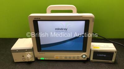 Mindray BeneView T5 Patient Monitor with Printer Option (Powers Up with Damage to Casing - See Photos) Including Mindray AG Gas Module with Water Trap and Mindray Beneview T1 Handheld Patient Module Including, ECG, SpO2, MP1, IBP, NIBP, T1 and T2 Options