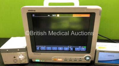 Mindray BeneView T5 Patient Monitor with Printer Option (Powers Up with Damage to Casing - See Photos) Including Mindray AG Gas Module with Water Trap and Mindray Beneview T1 Handheld Patient Module Including, ECG, SpO2, MP1, IBP, NIBP, T1 and T2 Options - 2