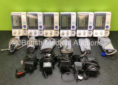 6 x Omron HEM-907 Digital Blood Pressure Monitors with 6 x BP Cuffs and 6 x Power Supplies (All Power Up, 3 x Damage to Casing - See Photos) *SN 20070900250AF / 5 x NA*