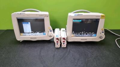 2 x Philips IntelliVue MP30 Patient Monitors (Both Power Up, Both with Damage to Casing - See Photos) with 2 x Philips M30001A Patient Modules Including ECG, SpO2, NBP, Press and Temp Options (1 x with Damage to Casing - See Photo) *SN DE632F0841 / DE6321