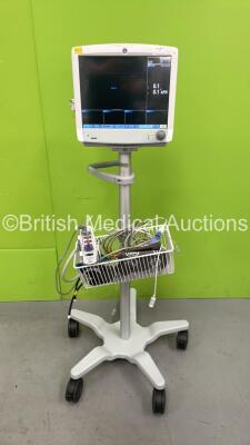 GE Carescape B650 Patient Monitor on Stand with GE MultiParameter Module Ref 2016793-002 with ECG, Temp/Co, P1/3, P2/4, SPO2, NIBP and DefibSync Options, E-miniC Gas Module with Mini D-Fend Water Trap and Selection of Leads (Powers Up) *S/N SEW11202692HA*