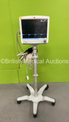 GE Carescape B650 Patient Monitor on Stand with GE MultiParameter Module Ref 2016793-002 with ECG, Temp/Co, P1/3, P2/4, SPO2, NIBP and DefibSync Options and Selection of Leads (Powers Up) *S/N SEW11202726HA*