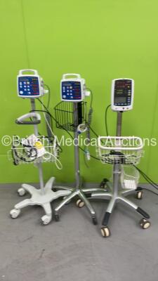 2 x CSI Criticare Comfort Cuff 506NT3 Vital Signs Monitors on Stands with SPO2 Finger Sensors and BP Hoses (Both Power Up) and 1 x Mindray VS-800 Vital Signs Monitor on Stand (Powers Up - Light Casing Missing - See Pictures) *S/N BY-82104375*