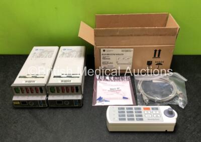 Mixed Lot Including 2 x GE TRAM 451N Modules Including ECG, Temp/CO, BP and NBP Options (1 x Damage to Casing - See Photos) and 1 x GE Remote Keypad Holster in Box (Excellent Condition)