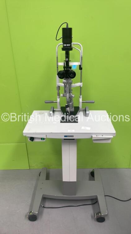 Haag Streit Bern BM 900 Slit Lamp with 2 x 10x Eyepieces, Chin Rest and Cover on Motorized Table (Powers Up with Good Bulb) *14228*