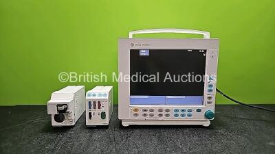 Job Lot Including 1 x GE Datex Ohmeda Type F-CM1-05 Patient Monitor (Powers Up) 1 x GE E- CAiO Gas Module with D-fend Water Trap and 1 x GE Type E-PRESTN-00 Module with ECG, SpO2, T1, T2, P1, P2 and NIBP Options *SN 6608074 / 6604407 / 6583342*