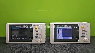 Job Lot Including 2 x Philips Intellivue X2 Handheld Patient Monitors Including ECG, SpO2, NBP, Press and Temp Options with 2 x Batteries (Both Power Up when Tested with Stock Battery-Batteries Included are Flat, Stock Battery Not Included