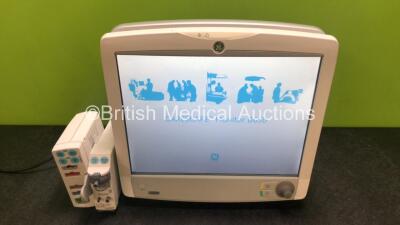 GE B650 Carescape Touch Screen Patient Monitor *Mfd 2014* with 1 x GE Type E-sCAiOV Module with Spirometry Option and D-fend Pro Water Trap *Mfd 2016* and 1 x GE E-PSMP Module with NIBP, P1, P2, T1, T2, SPO2 and ECG Options (Powers Up) *SN SGV16303013HA /