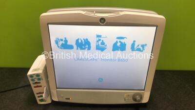 GE B650 Carescape Touch Screen Patient Monitor *Mfd 2014* with 1 x GE E-PSMP Module with NIBP, P1, P2, T1, T2, SPO2 and ECG Options (Powers Up with Missing Light and Casing - See Photos) *SN 6565157 / SEW14105522HA*