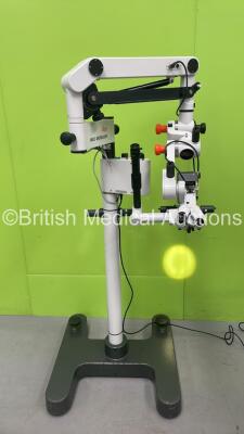 WIld Heerbrugg M650 Surgical Microscope with Binoculars, Training Arm, 2 x 10x/21B Eyepieces and f=250mm Lens - Some Damage, See Photos (Powers Up with Good Bulb) *S/N VA 150*