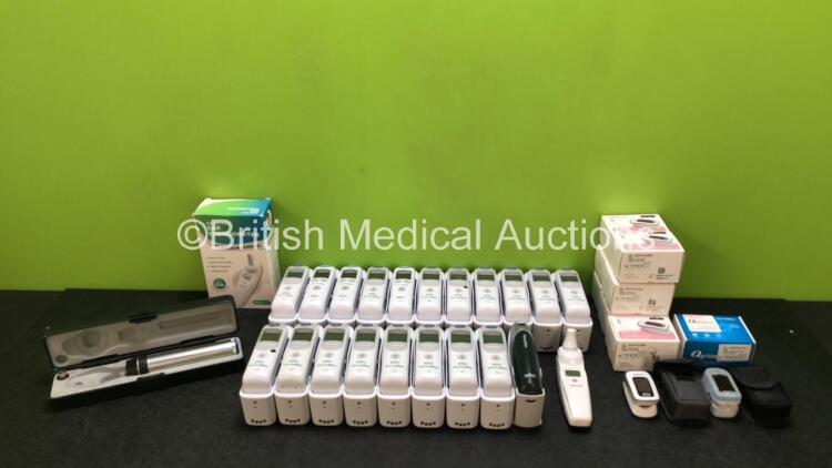 Job Lot Including 1 x Keeler Otoscope / Ophthalmoscope Handle in Case, 19 x Welch Allyn Pro 6000 Thermometers with Bases, 1 x Welch Allyn Pro 4000 Thermometer, 1 x ProAct ET-100A Thermometer in Box and 10 x Fingertip Pulse Oximeter Monitors