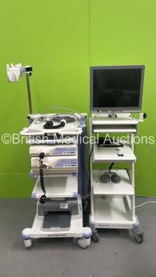 1 x Olympus Stack Trolley with Olympus EVIS Lucera CV-260 Image Unit, Keyboard, Olympus EVIS Lucera CLV-260 Light Source, 2 x MAJ-1154 Pigtail Connectors and 1 x Olympus TC-EU Ultrasound Trolley with Olympus OEV191 Monitor and Olympus MAJ-679 Footswitch *