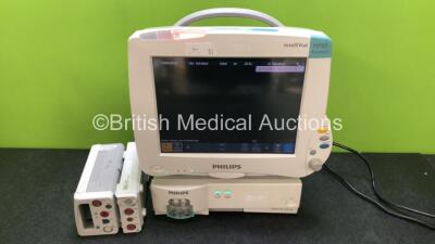 Philips IntelliVue MP50 Patient Monitor (Powers Up) with 1 x Philips IntelliVue X2 Handheld Patient Monitor Including ECG, SpO2, Press, Temp and NIBP Options (Powers Up with Damage to Casing and Missing Battery - See Photos) 1 x Philips M3015B CO2 Microst