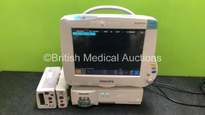 Philips IntelliVue MP50 Patient Monitor (Powers Up) with 1 x Philips IntelliVue X2 Handheld Patient Monitor Including ECG, SpO2, Press, Temp and NIBP Options (Powers Up with Damage to Casing and Missing Battery - See Photos) 1 x Philips M3015B CO2 Microst