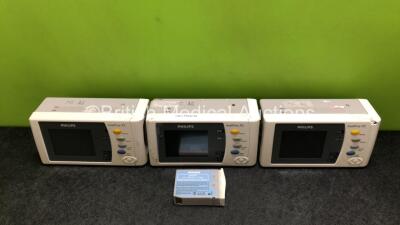 3 x Philips IntelliVue X2 Handheld Patient Monitors Including ECG, SpO2, NBP, Press and Temp Options and 1 x Battery (All Power Up, 2 x Damage to Casing - See Photos) *SN DE315E9737 / DE03797431 / DE03797433*