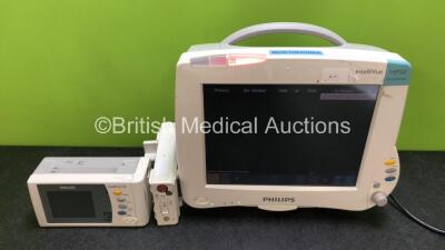 Philips IntelliVue MP50 Patient Monitor (Powers Up) with 1 x Philips IntelliVue X2 Handheld Patient Monitor Including ECG, SpO2, Press, Temp and NIBP Options (Powers Up with Damage to Casing and Missing Clip - See Photos) and 1 x Philips M3015A CO2 Micros