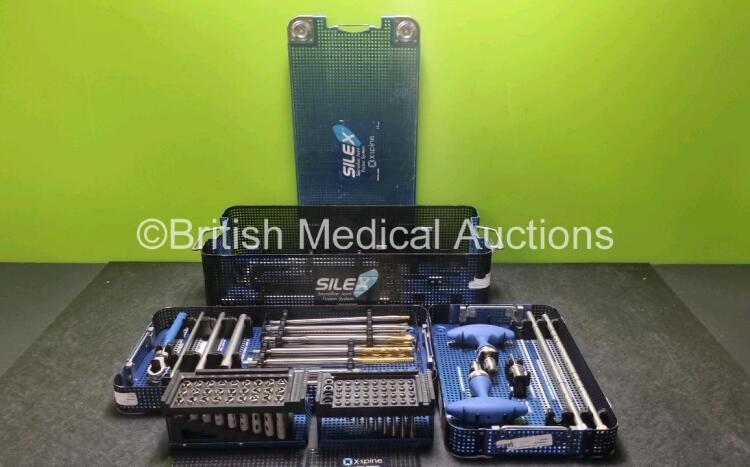 X-Spine Silex Sacroiliac Joint Fusion System Surgical Instrument Set Including Right Angle Curette, Graft Tamp, Graft Funnel, Drill, Drivers, Guide Handle, Ratchet Handle and Screws In Sterilization Tray