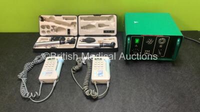 Mixed Lot Including 2 x Keeler Otoscope / Ophthalmoscope Handles with 4 x Attachments in Cases, 2 x Huntleigh Dopplers (Both with Slight Damage to Casing - See Photos) and 1 x RB CLS 150-2 Light Source Unit (Powers Up with Good Bulb) *SN 751*