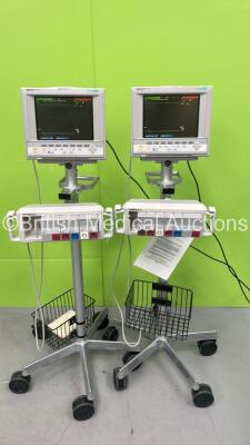 2 x Hewlett Packard Viridia 24C Patient Monitors on Stands with Module Racks and Selection of Modules (Both Power Up)