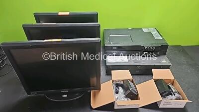 Mixed Lot Including 8 x Philips 19 LCD Touch Screen Monitors (3 x Only in Photo), 2 x Tripp Lite SmartPro UPS Units, 2 x APC Smart UPS 450 Units, 2 x Philips Speakers (New in Box) and HP LaserJet P3005n Printer **Cage**