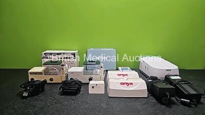 Mixed Lot Including 1 x ProPulse Ear Syringe, 1 x ProPulse II Ear Syringe, 1 x Peritron 9300+Precision Perineometer with Missing Attachment, 2 x Onyx 2-Slot Battery Banks with 5 x Batteries and 2 x Power Supplies, 1 x Philips Respironics Innospire Deluxe 