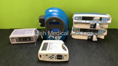 Mixed Lot Including 2 x Cardinal Health Alaris GH Syringe Pumps (1 x Powers Up Requires Service, 1 x Draws Power) 1 x Masimo Rad 8 Pulse Oximeter (Powers Up) 1 x Medtronic XOMED XPS 3000 Control Console (Powers Up) and 1 x Nellcor N-560 SpO2 Monitor