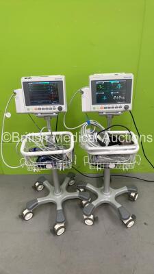 2 x Edan iM50 Patient Monitors on Stand with ECG, SPO2, T1, T2, SPO2, CO2, IBP1 and IBP2 Options and i-CARB CO2 Module with Water Traps and Selection of Leads (Both Power Up) *S/N 3360069-M220407130059 / 360069-M20407140068*