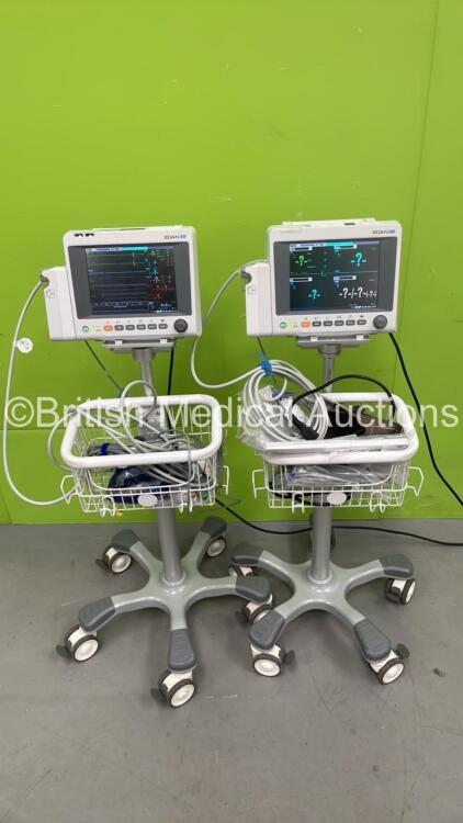 2 x Edan iM50 Patient Monitors on Stand with ECG, SPO2, T1, T2, SPO2, CO2, IBP1 and IBP2 Options and i-CARB CO2 Module with Water Traps and Selection of Leads (Both Power Up) *S/N 3360069-M220407130059 / 360069-M20407140068*