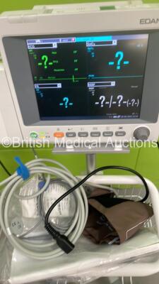 2 x Edan iM50 Patient Monitors on Stand with ECG, SPO2, T1, T2, SPO2, CO2, IBP1 and IBP2 Options and i-CARB CO2 Module with Water Traps and Selection of Leads (Both Power Up) *S/N 3360069-M220407130059 / 360069-M20407140068* - 2