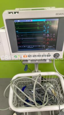 2 x Edan iM50 Patient Monitors on Stand with ECG, SPO2, T1, T2, SPO2, CO2, IBP1 and IBP2 Options and i-CARB CO2 Module with Water Traps and Selection of Leads (Both Power Up) *S/N 3360069-M220407130059 / 360069-M20407140068* - 3