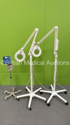 2 x Luxo Patient Examination Lamps on Stands (Both No Power) and 1 x Blood Pressure Meter on Stand