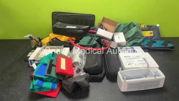 Mixed Lot Including 1 x AD High Pak Charger, 3 x Mangar AC / DC Chargers, 1 x Serres Alteration Kit, 1 x Mangar Airflo Plus Battery Charger, 1 x Hartwell Medical Evac U Splint, Belt Straps, Carry Bags and Straps