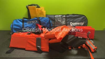 Mixed Lot Including Stifneck Extrication Collars, 1 x Donway Traction Splint, Carry Bags, Ferno Frac Immobilisers and Head Blocks