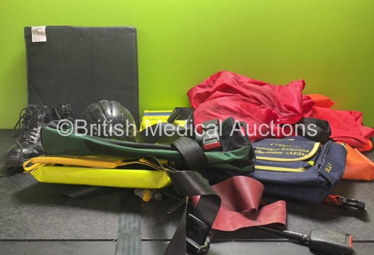 Mixed Lot Including 1 x Cardiac Science Powerheart AED Defibrillator, 1 x Safety Helmet, 1 x Straps, 3 x Belts, 1 x Exeter Special Cushion and a Pair of Size 5 Safety Shoes