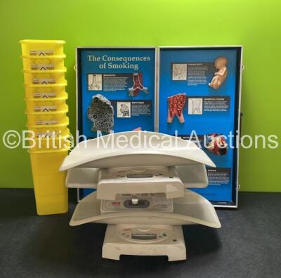 Mixed Lot Including 5 x Seca Baby Weighing Scales (3 in Photo - 5 in Total) 8 x Sharpsafe Sharps Boxes and 1 x Health Edco Consequences of Smoking Case *in cage*