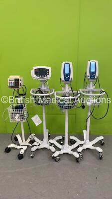 2 x Welch Allyn SPOT Vital Signs Monitors on Stands, 1 x Welch Allyn 53NT0 VItal Signs Monitor on Stand and 1 x CSI Criticare 506DXN Vital Care Monitor on Stand (All Power Up)