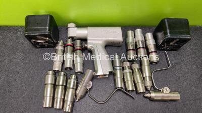 Job Lot Including 1 x Stryker System 5 4208 Sagittal Handpiece, 3 x Stryker 4103-210 Synthes Reamer Attachments, 2 x Stryker 4103-235 Hudson / Modified Trinkle Attachments, 1 x Stryker 4103-213 Hudson Attachment, 2 x Stryker 4103-126 Pin Collets, 3 x Stry