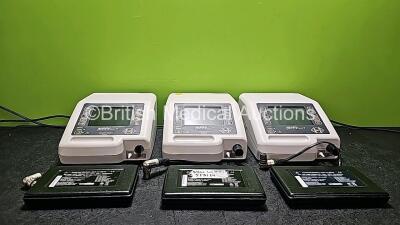 3 x B & D Electromedical Nippy Junior+ Ventilators with 3 x External Batteries (All Power up, 1 x Damaged Outlet - See Photo) *Collection In Person For External Batteries - Cannot Ship Batteries*