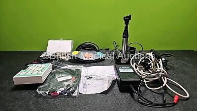 Mixed Lot Including 1 x Keeler Streak Otoscope / Ophthalmoscope Handle with Docking Station (Broken Head - See Photo), 1 x Micromed SAM 25RFO Fc1 (Missing Battery Cover), 1 x Autoclavable Disc Electrodes for EEG-EP Recording Leads, 1 x Unknown Footswitch 