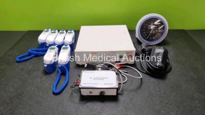 Mixed Lot Including 1 x Micropace 3 Cardiac Stimulator, 1 x Riester Big Ben BP Gauge and Cuff, 6 x Covidien Genius 3 Tympanic Thermometers with Base and 1 x I.B Irvine IBI Cardioversion Switch Box with 2 x Probes