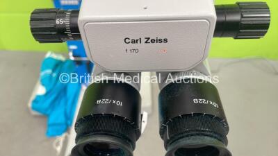 Zeiss OPMI MD Surgical Microscope on Zeiss Universal S3 Stand with Zeiss f-170 Binoculars, 2 x 10x/22 B Eyepieces, Zeiss f 250 T* Lens, Footswitch and Light Source Cable (Powers Up with Good Bulb) *211173* - 2