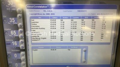 Alcon Constellation Vision Phacoemulsification Machine Ref 8065751150 REV AD System Revision REL_5.40.26 with Footswitch and Accessories (Powers Up) *S/N 1302305601X* ***IR288*** - 2