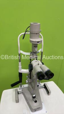 Keeler SL Slit Lamp with Binoculars and 2 x Eyepieces on Topcon Motorized Table (Powers Up No Light - Suspect Blown Bulb) - Damage to Rubber of Eyepieces - See Pictures) - 2