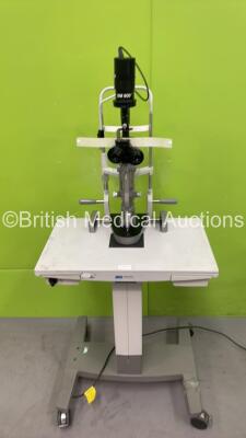 Haag Streit Bern BM 900 Slit Lamp with 2 x 10x and 2 x 16x Eyepieces, Haag Streit R 90049138 Tonometer and Chin Rest on Motorized Table (Powers Up with Good Light) *07747*